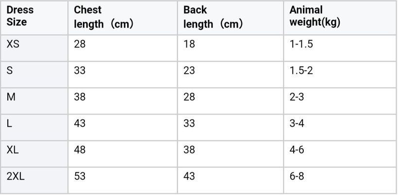 table of shirts sizes