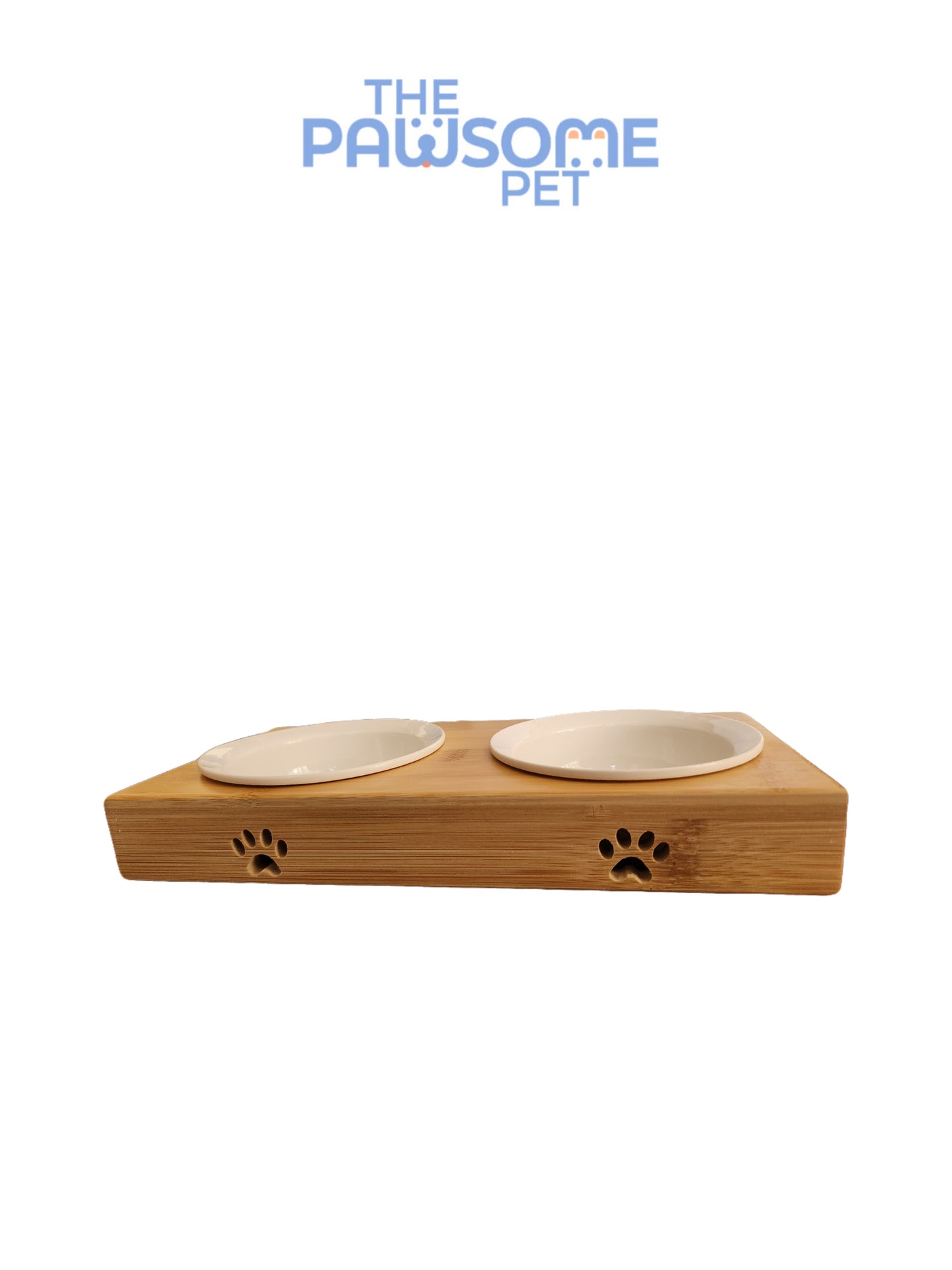 Pawsome's double ceramic bowl in wood base
