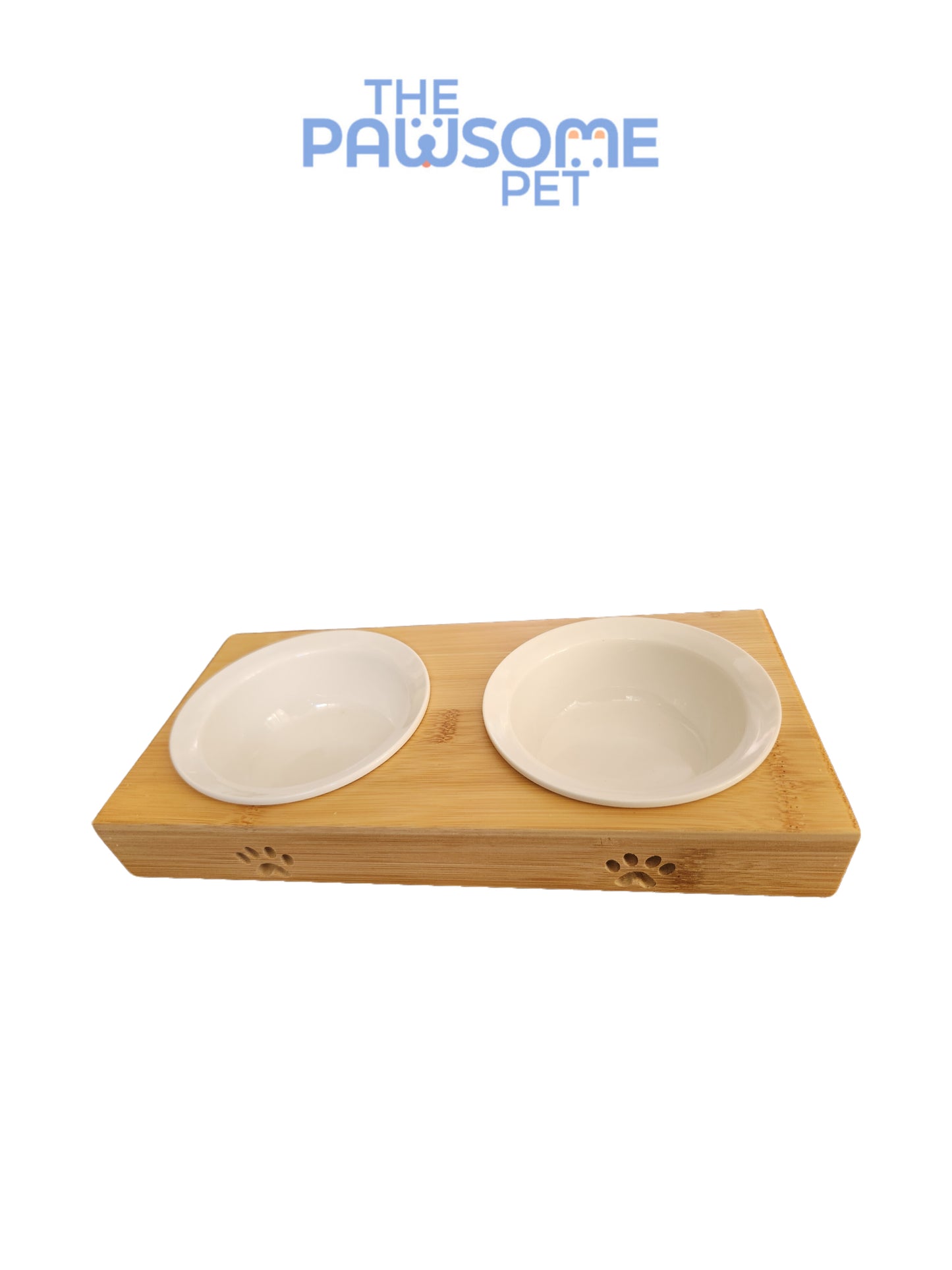 Pawsome's double ceramic bowl in wood base