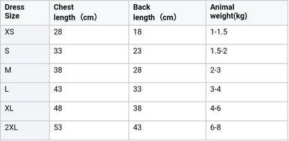 table of shirts sizes
