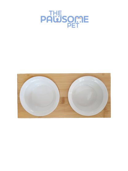 Pawsome's double ceramic bowl in wood base